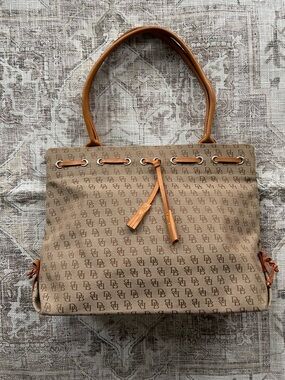 Dooney & Bourke Y2K Tan Monogram Shoulder Tote with Leather Trim